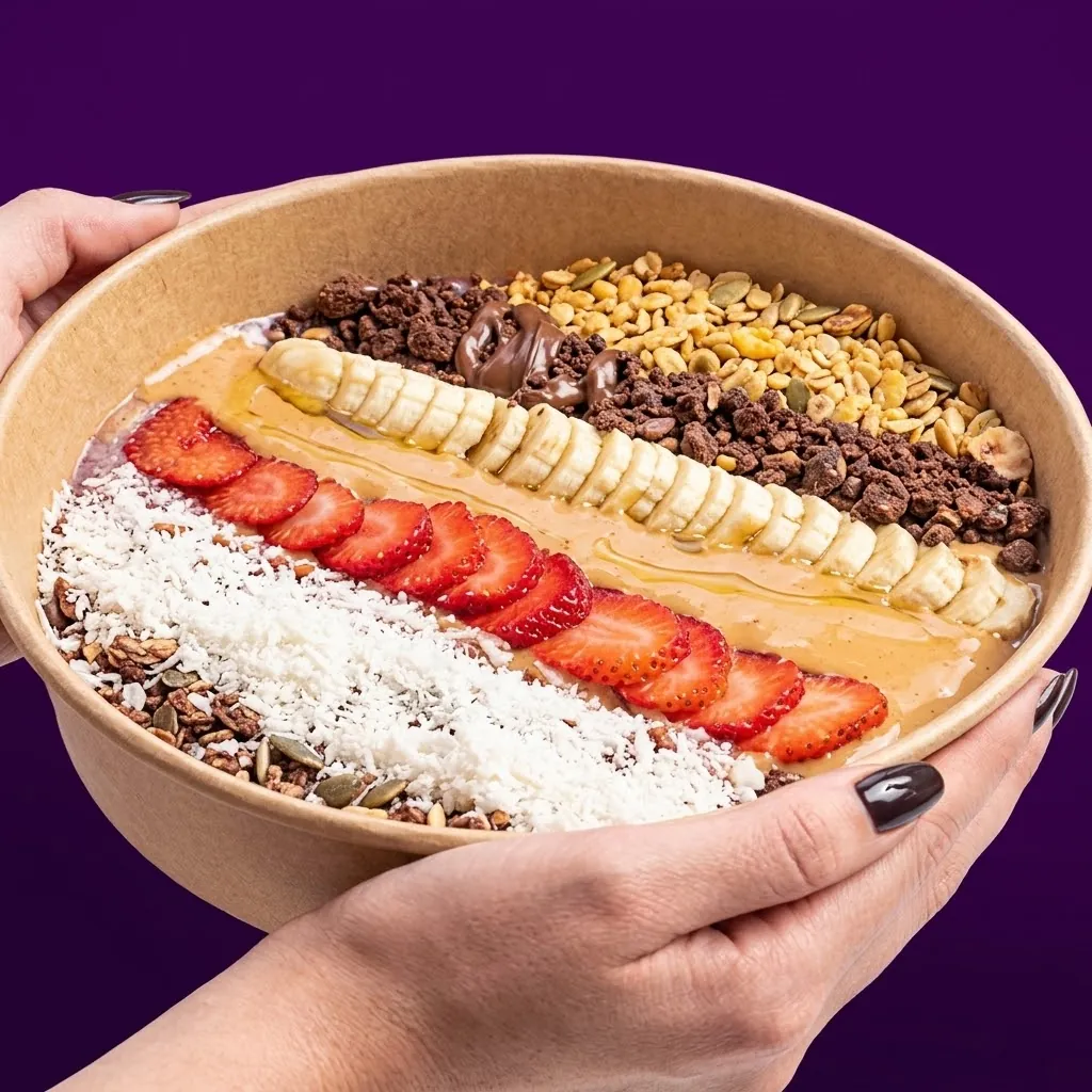 Açaí bowl con coco rayado, fresas, banano, mantequilla de maní, chocolate y granola