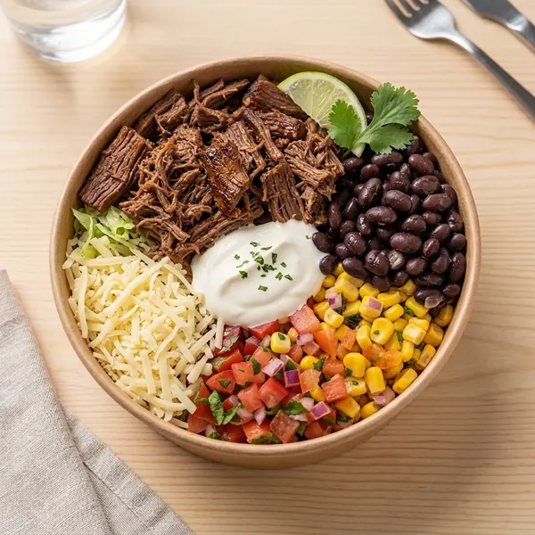 Bowl de barbacoa con carne deshebrada, frijoles negros, maíz, pico de gallo, queso y crema