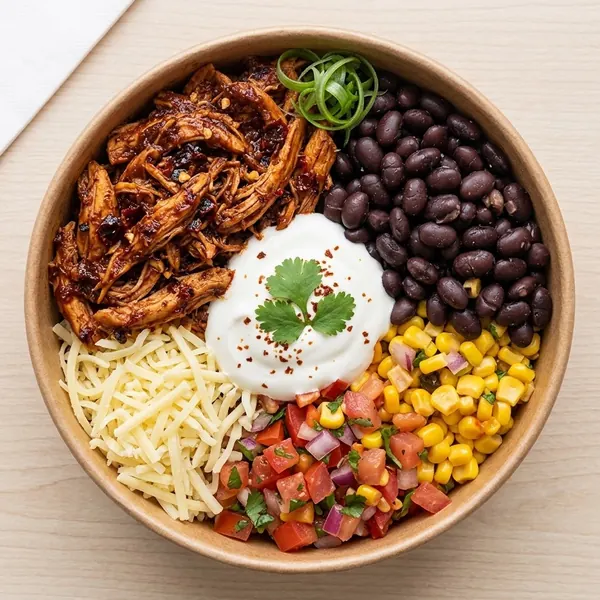 Bowl de pollo chipotle con frijoles negros, maíz, pico de gallo, queso y crema