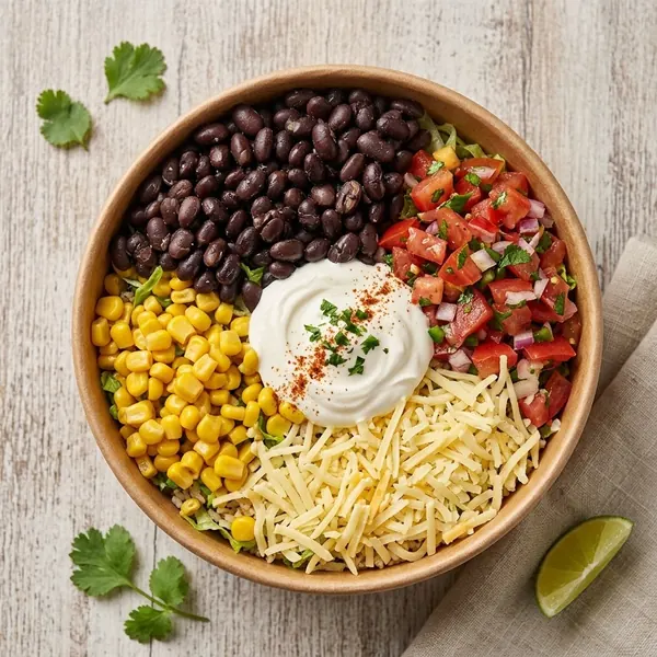 Bowl vegano con frijoles negros, maíz, pico de gallo, queso y crema