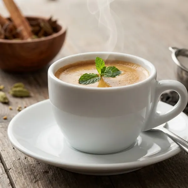 Chai caliente con hojas de menta