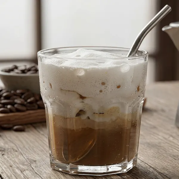 Iced latte con espuma en vaso de vidrio
