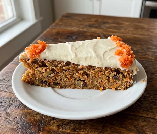 Rebanada de pastel de zanahoria con betún de queso crema