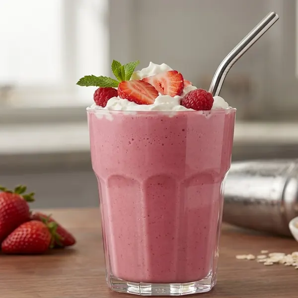 Smoothie rosado de frutas con crema, fresas y frambuesas